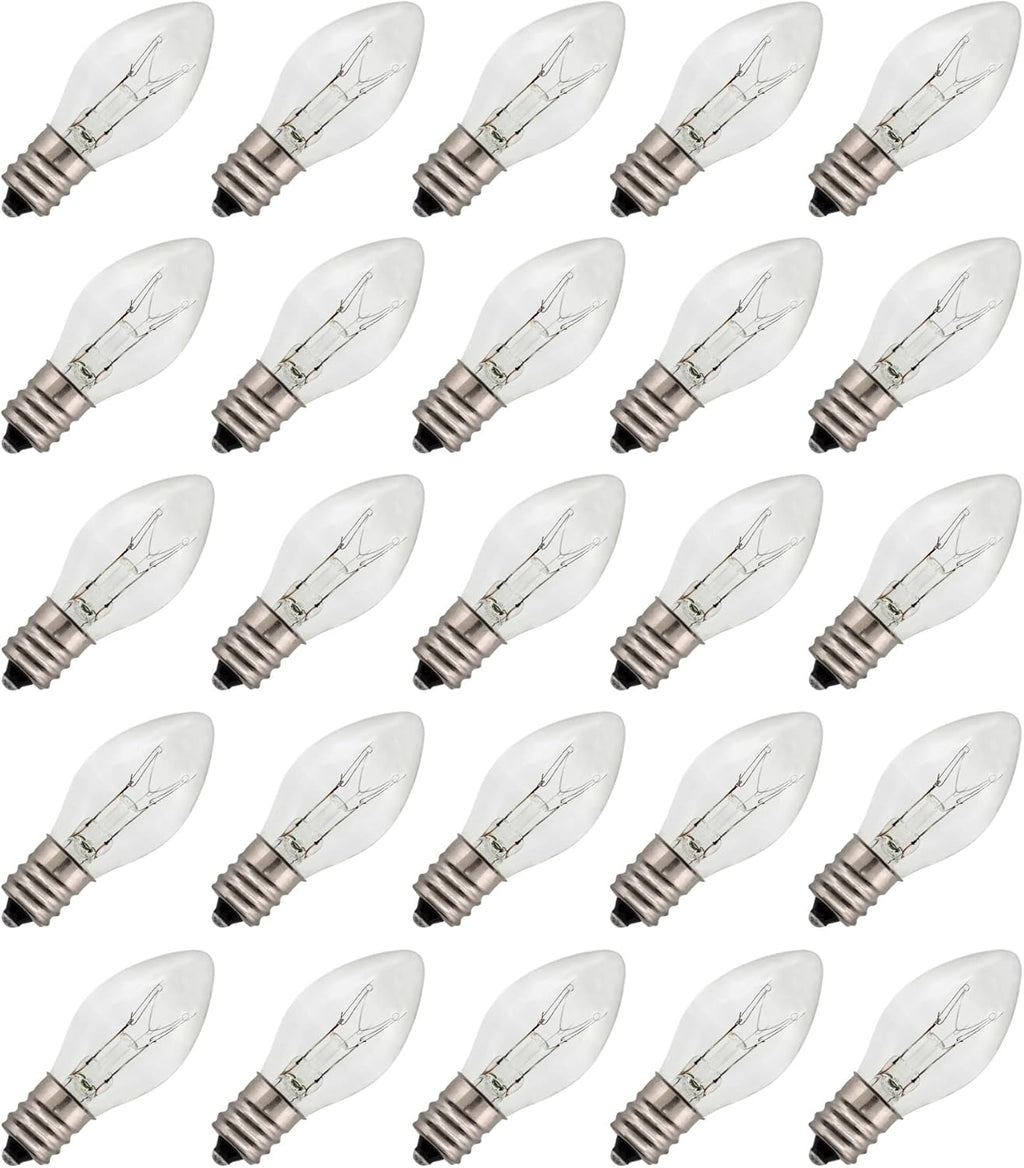3228x25 (25 pack) - 7C7/CL, 7 Watt, C7 Night Light, Longer Life 130 Volt, Clear, E12 Candelabra Base, Incandescent Light Bulb, 25 Pack