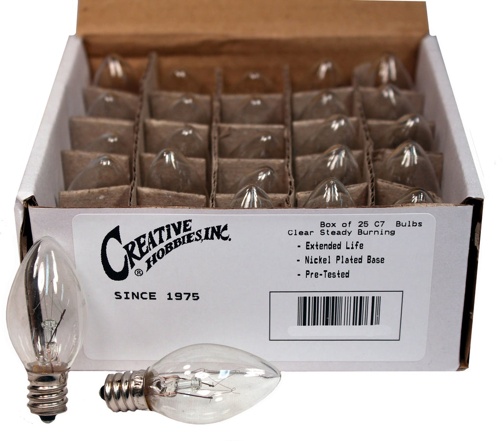 3228x25 (25 pack) - 7C7/CL, 7 Watt, C7 Night Light, Longer Life 130 Volt, Clear, E12 Candelabra Base, Incandescent Light Bulb, 25 Pack