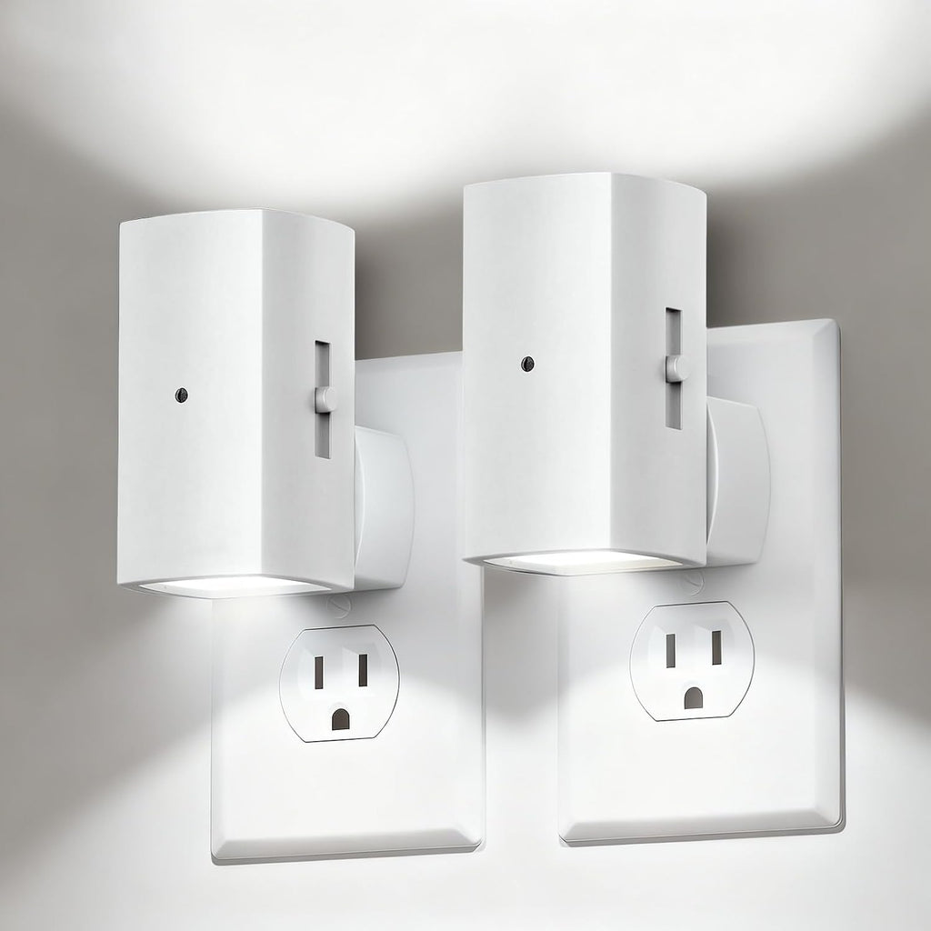 Brightown 2 Pack White Night Lights Plug into Wall, Modern Night Light with Rotating Plug, Dusk to Dawn Sensor, 0-100LM Stepless Dimming Aora Night Light for Hallway Bedroom Bathroom, Soft White