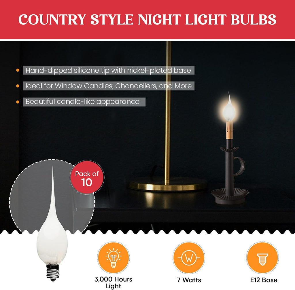 10 Pack - Silicone Dipped Electric Candle Lamp Chandelier Light Bulbs, Individually Boxed, 7 Watt
