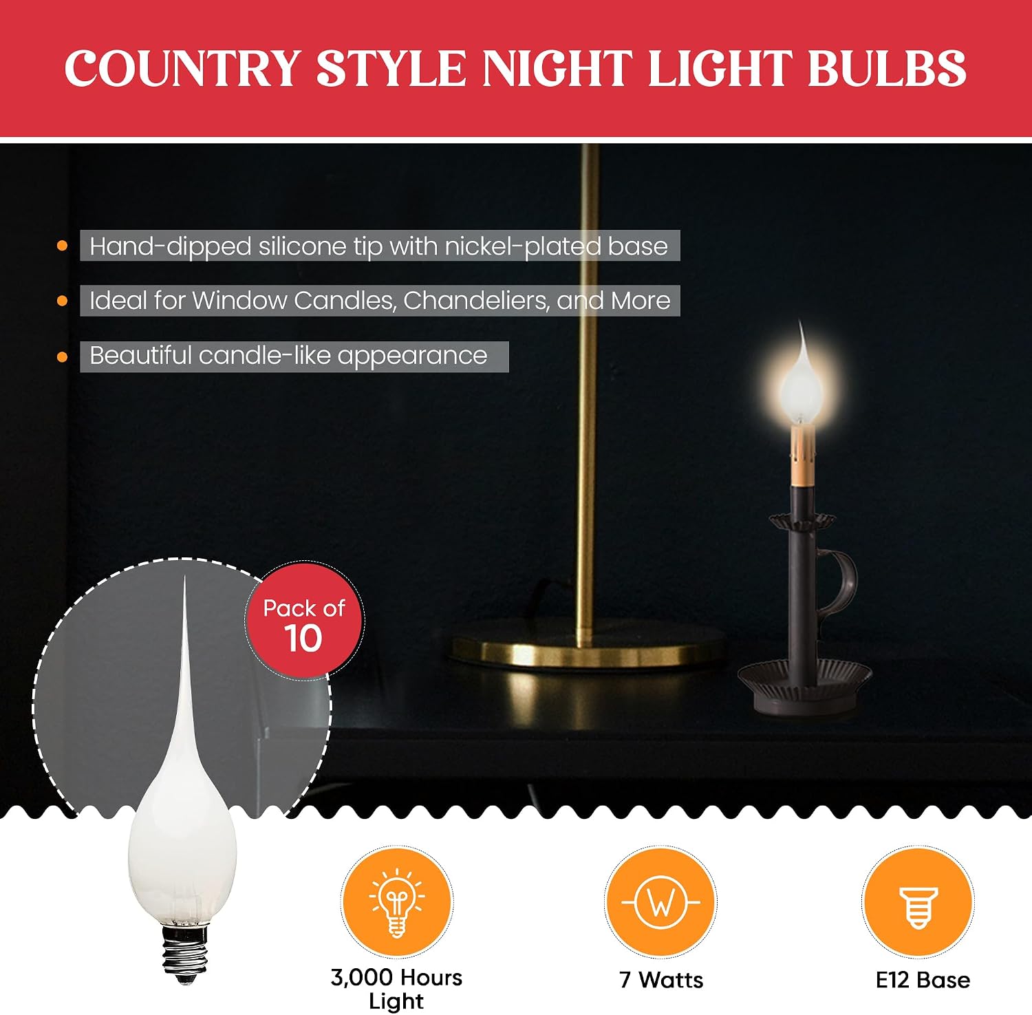 10 Pack - Silicone Dipped Electric Candle Lamp Chandelier Light Bulbs, Individually Boxed, 7 Watt