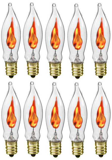 A101 Flicker Flame Light Bulb -3 Watt, Flame Shaped, Nickel Plated Base,- Dances with a Flickering Orange Glow - Box of 10 Bulbs
