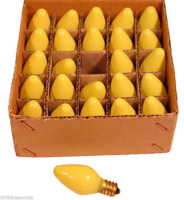 BOX OF 25 NIGHT LIGHT CANDLE LAMP BULBS -5 watt, C7, -OPAQUE YELLOW